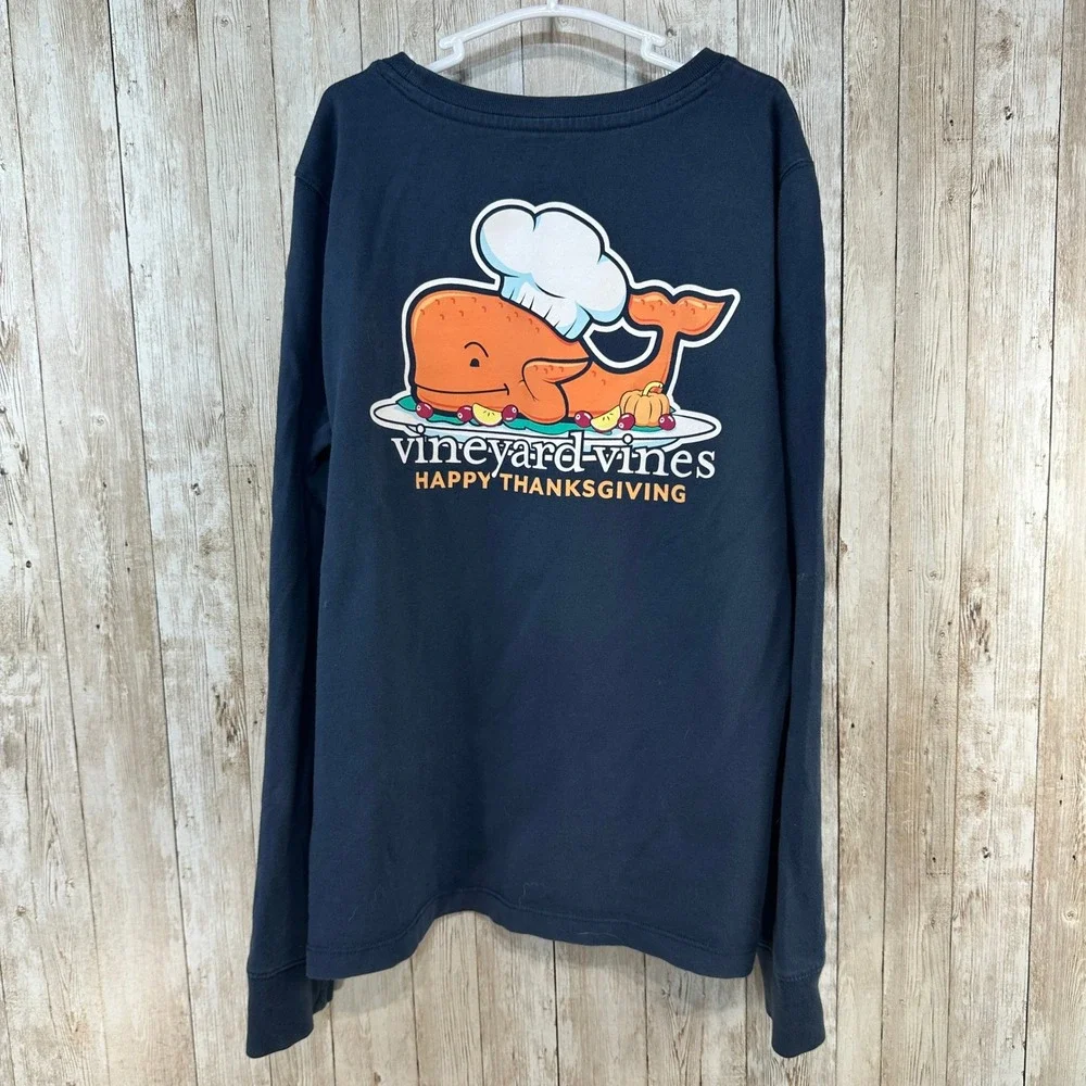 Vineyard Vines Kids Navy Blue Long Sleeve Tee Turkey Chef T-giving Size M 10-12